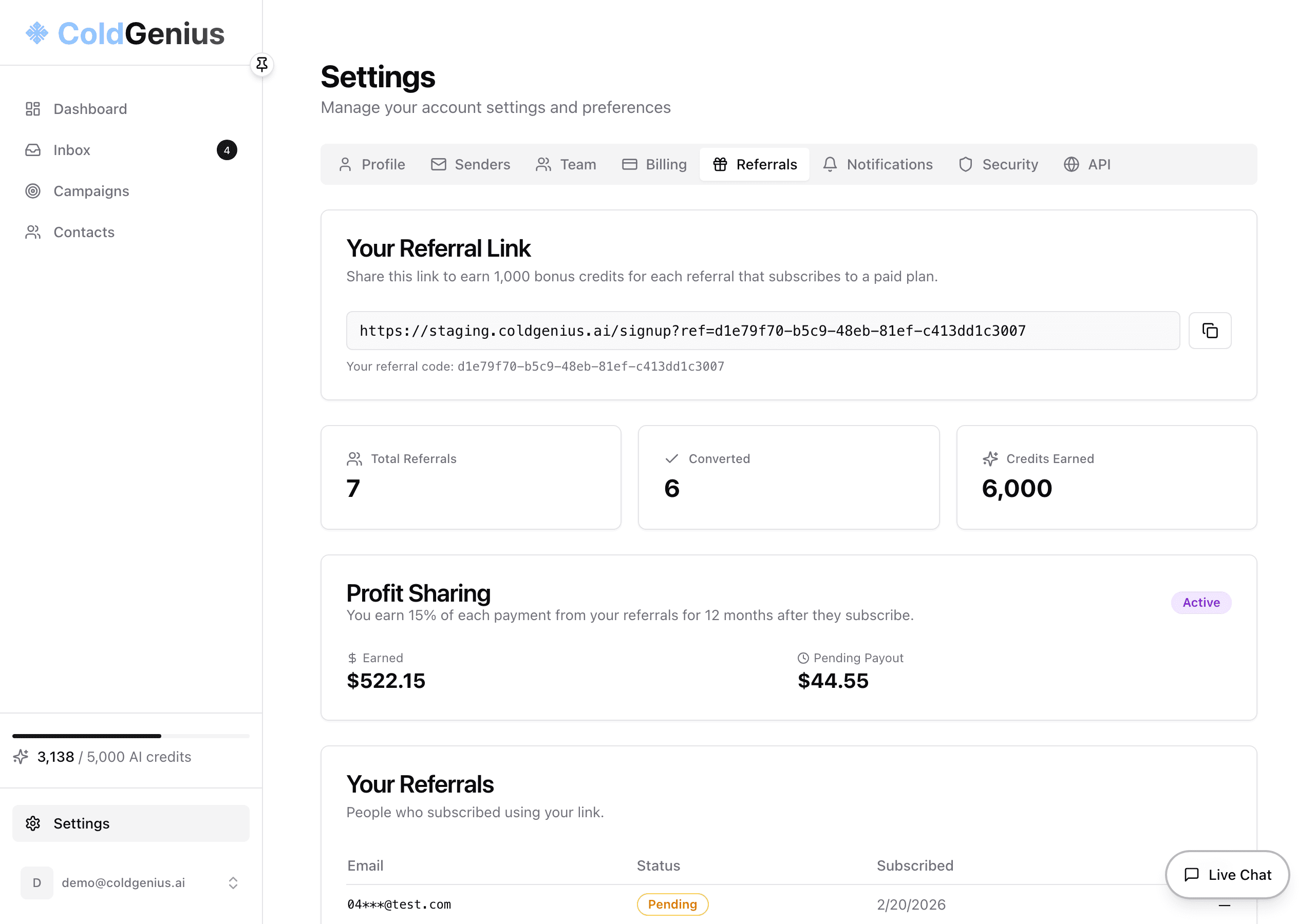 The Referrals settings page showing your referral link, stats, and profit sharing status