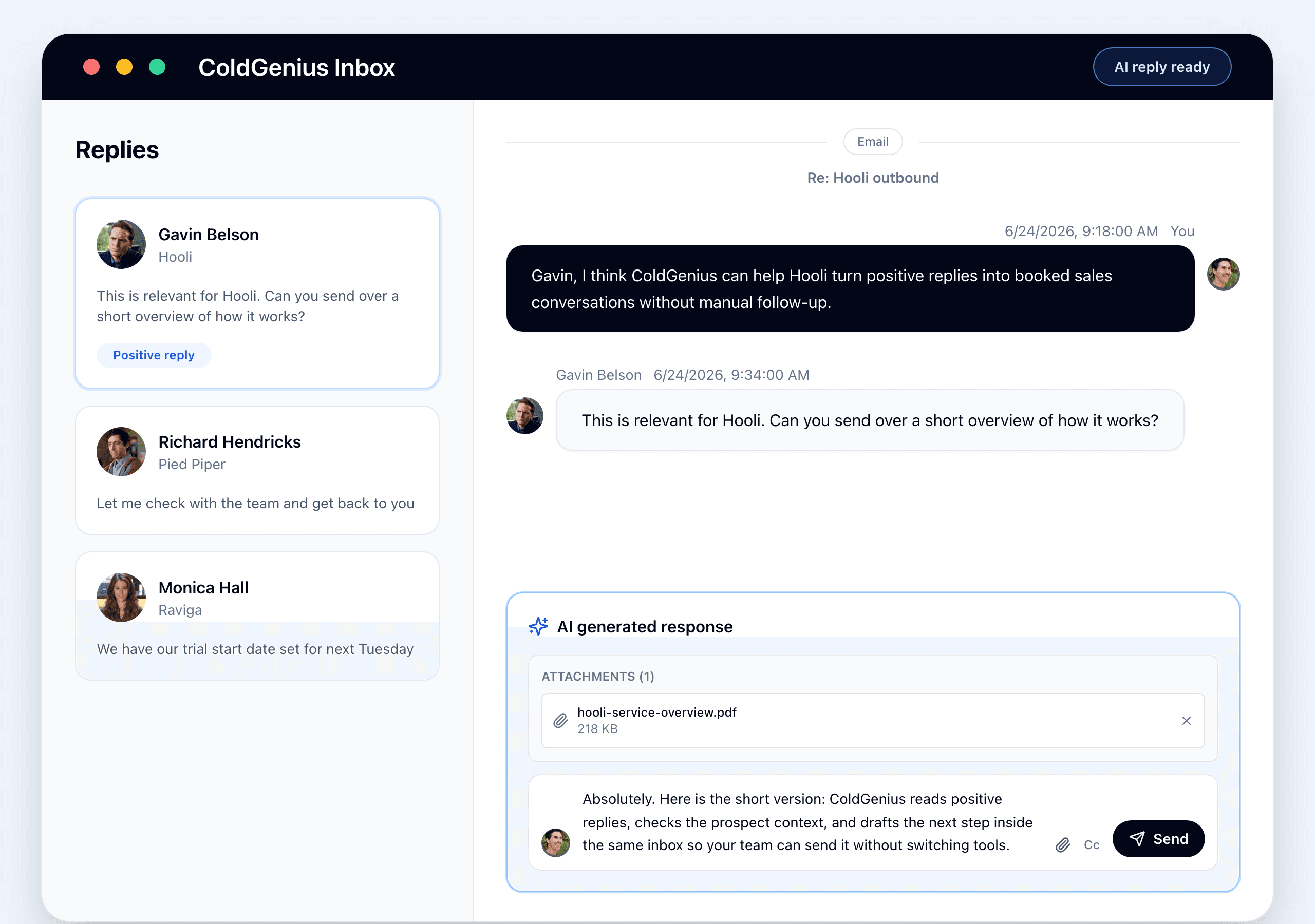 ColdGenius regenerated AI reply using provided documentation with follow-ups queued