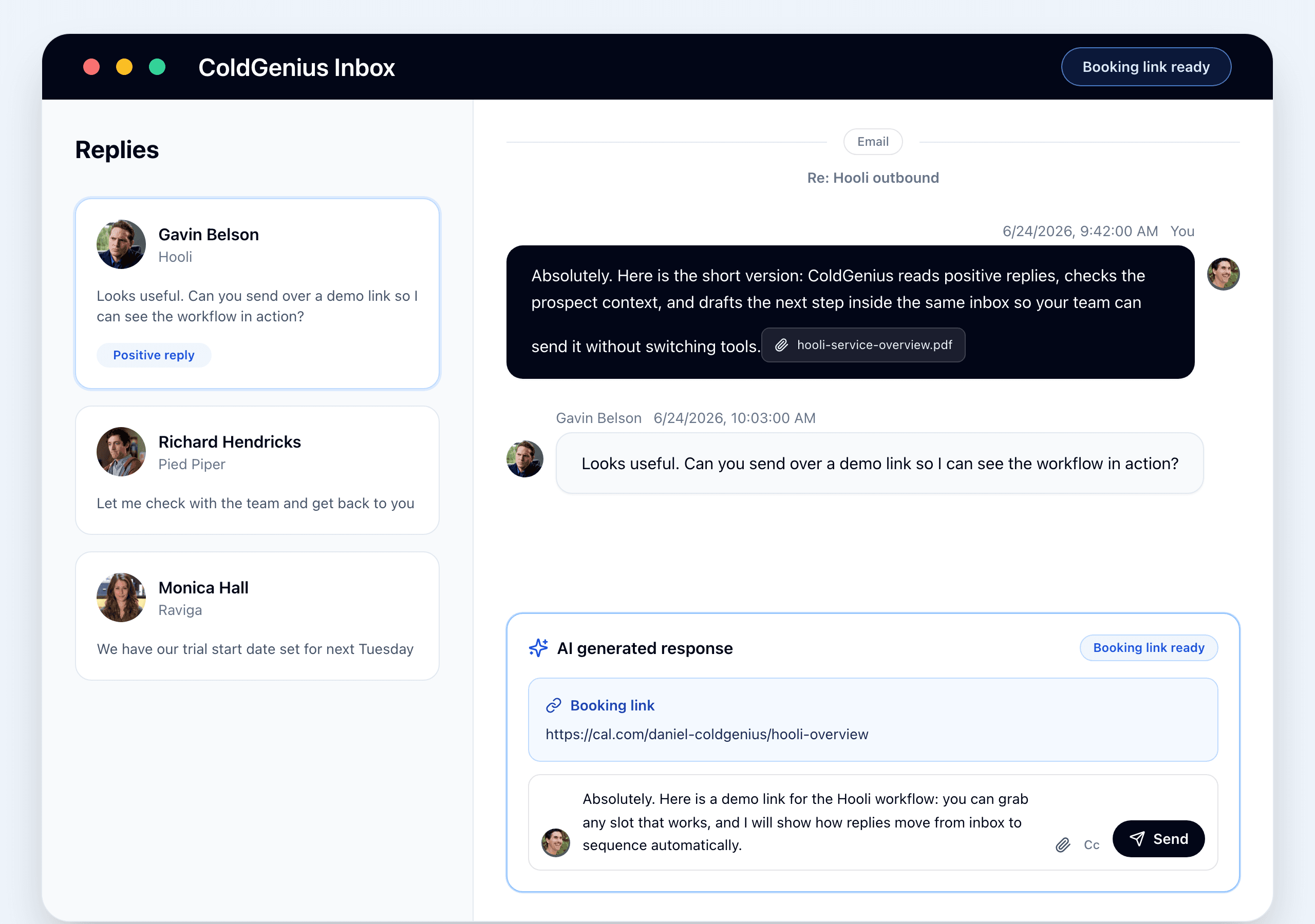 ColdGenius AI generated response including a booking link from saved resources