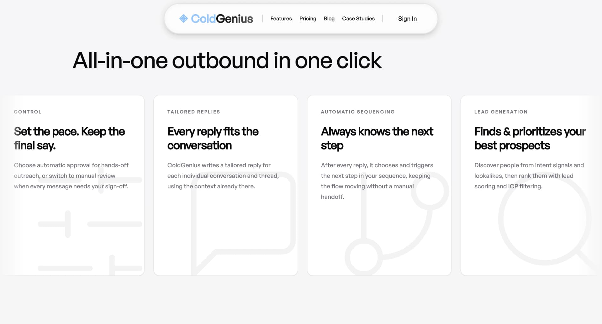 ColdGenius light-mode view of sender setup, approval control, tailored replies, and automatic sequencing